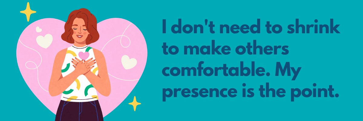 An illustration of a woman with short hair stands with her hands over her chest in front of a large heart shape. Bold text appears to the right on a teal background, with small star and heart accents around.