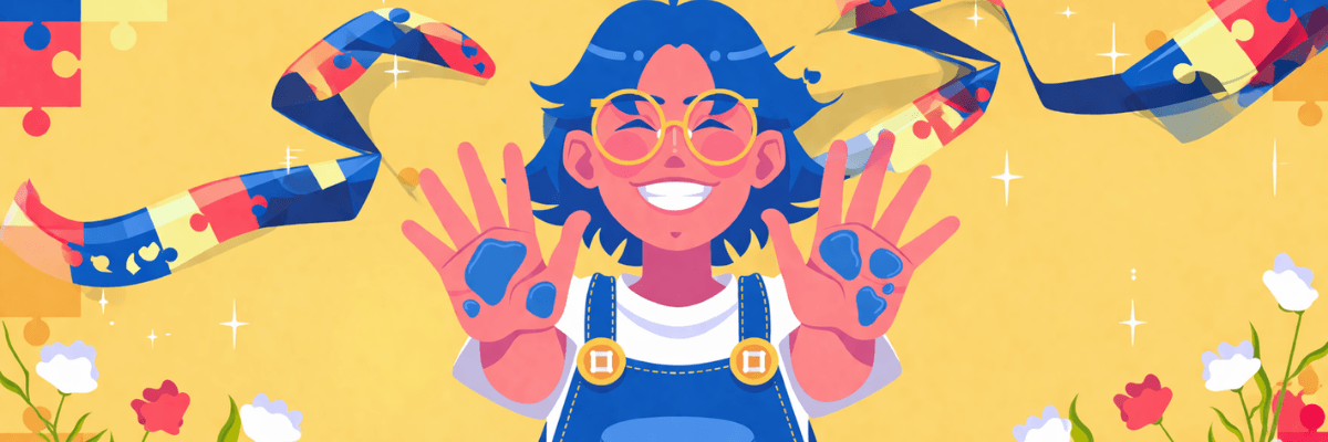 A bright illustration of a smiling child holding up paint-covered hands, surrounded by colorful streamers and flowers. The cheerful yellow background gives a playful, creative, and celebratory vibe.