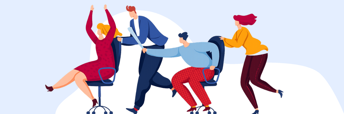 An illustration shows several people sitting on rolling office chairs while others push them forward. The background is light with simple abstract shapes behind the figures.
