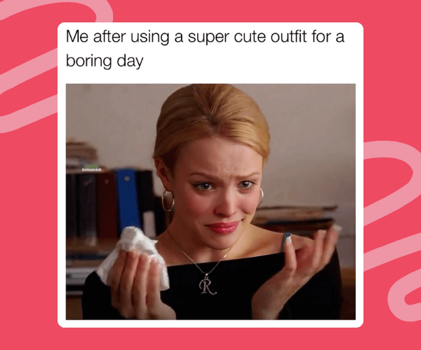 A woman with blonde hair holds a tissue and looks emotional while sitting indoors, with shelves and items blurred in the background. Text above the image is placed inside a white rounded rectangle on a pink patterned background.