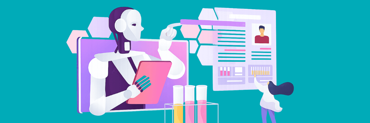 An illustration of a robot holding a tablet appears next to a person reviewing a large digital profile panel with charts and text. Test tubes and abstract tech shapes are placed in the foreground against a teal background.