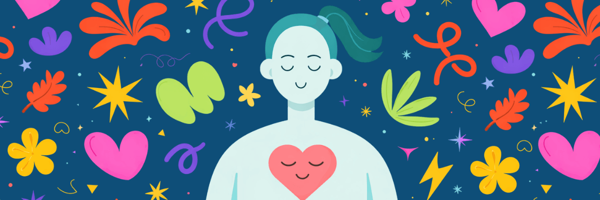 A stylized figure with closed eyes is centered on a dark blue background, with a pink heart shape on their chest. Colorful shapes like flowers, stars, leaves, and squiggles are scattered around the figure