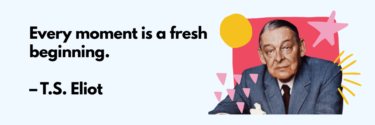 A quote in bold black text appears on a light background, with a cutout portrait of a man in a suit placed on the right. Abstract shapes in pink, yellow, and red decorate the space around the text and portrait.