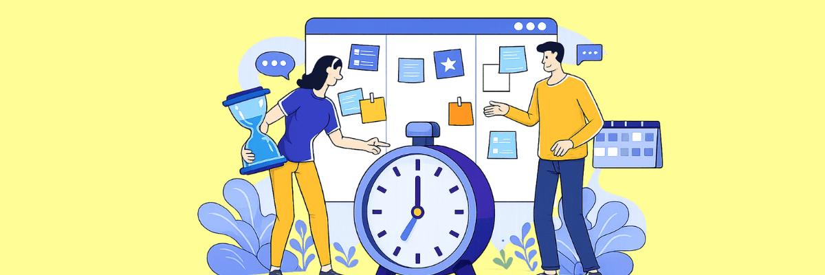 An illustration shows two coworkers talking in front of a large board filled with notes and a calendar, with a big clock in the foreground. One holds an hourglass, suggesting time management and planning.