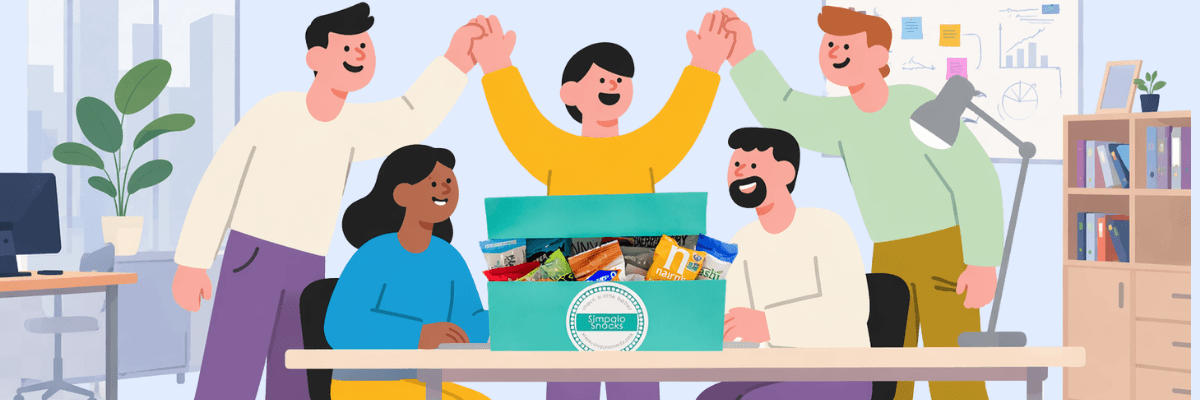 A cheerful office scene shows a group of coworkers gathered around a desk, celebrating with a box full of snacks. They smile and raise their hands, creating a fun, team-bonding moment.