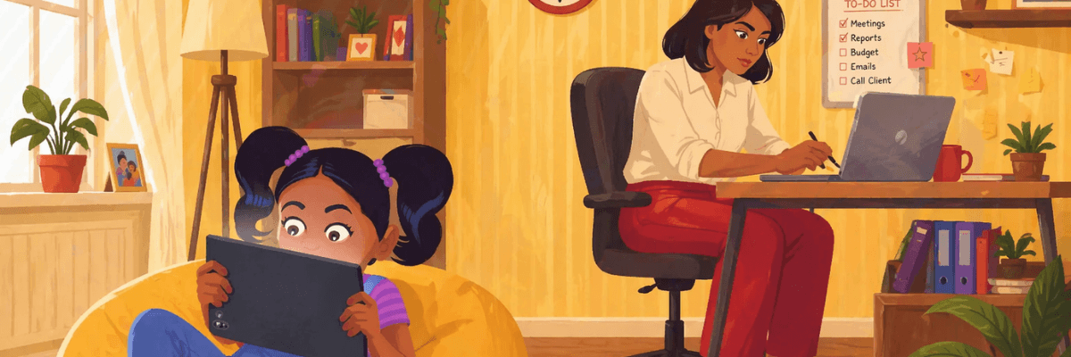 A cozy illustrated home office scene shows a woman working on a laptop at a desk while a child sits nearby on a bean bag using a tablet. Warm lighting, plants, and a to-do list on the wall highlight a relatable work-from-home parenting moment.