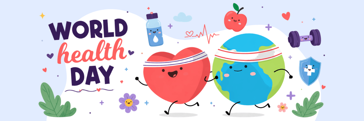 A cheerful “World Health Day” illustration features a smiling heart and Earth jogging side by side with headbands. Surrounding icons like a water bottle, apple, dumbbell, and shield reinforce themes of health, fitness, and well-being.