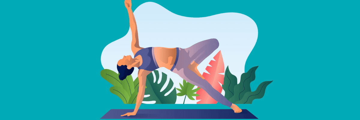 An illustration shows a person in a yoga pose balancing on one hand with legs extended on a mat. Large green leaves and abstract shapes appear behind them against a teal background.