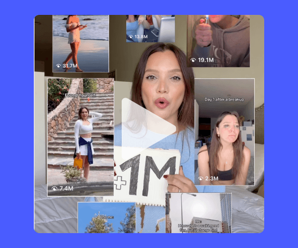 A woman holds a “+1M” sign while surrounded by viral-style video clips with high view counts. A play button overlay suggests tips on growing social media or reaching one million views.