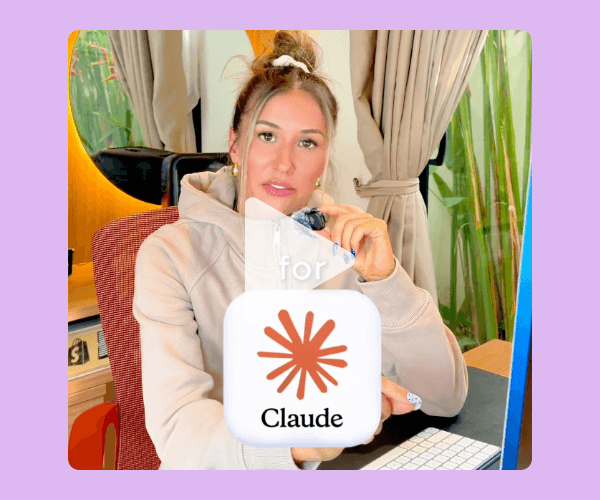 A woman in a hoodie sits at a desk holding a microphone, with a Claude app logo overlay on screen. The scene suggests a tutorial or review related to Claude AI.