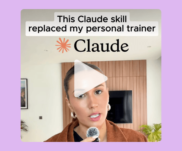 Video thumbnail of a woman speaking into a microphone with text that reads, “This Claude skill replaced my personal trainer,” alongside the Claude logo.