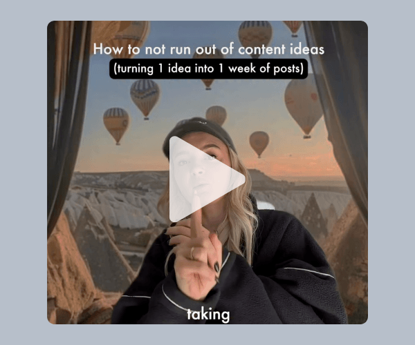 Video thumbnail featuring a creator in front of hot air balloons with text about turning one idea into a week’s worth of content posts.