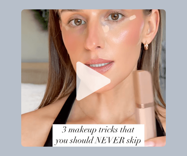 A beauty video thumbnail shows a woman applying makeup while holding a cosmetic product. The text says, “3 makeup tricks that you should NEVER skip.”