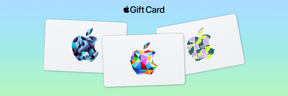 Three Apple gift cards with colorful Apple logos are displayed against a soft blue-to-green gradient background. The cards overlap slightly, with “Gift Card” written above them in a clean, minimal style.