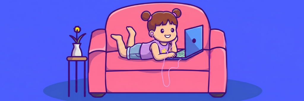 A cartoon illustration of a smiling little girl with brown pigtails lying on her stomach on a bright pink couch. She is wearing earphones and happily looking at a blue laptop. Next to the couch is a small wooden side table with a single yellow flower in a white vase, all set against a solid blue background.