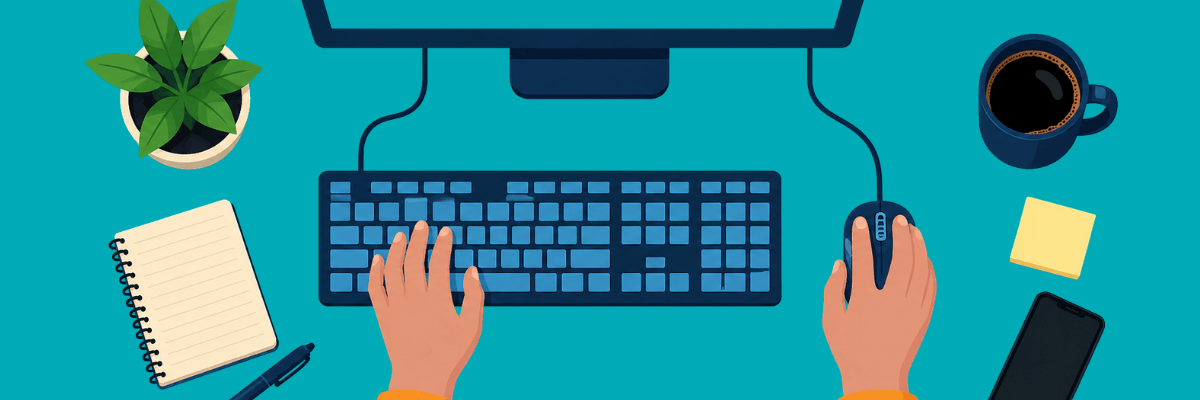 An overhead illustration shows hands using a keyboard and mouse at a tidy desk. A notebook, plant, coffee, sticky notes, and phone are arranged around the workspace.