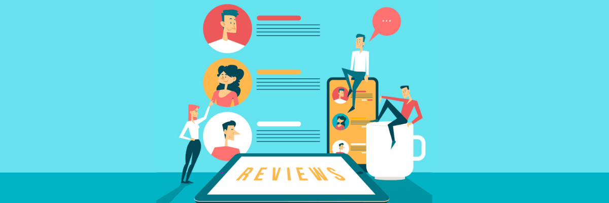 A stylized illustration shows people interacting around a large tablet labeled “Reviews,” with profile icons, chat bubbles, and a coffee mug, representing feedback and teamwork.