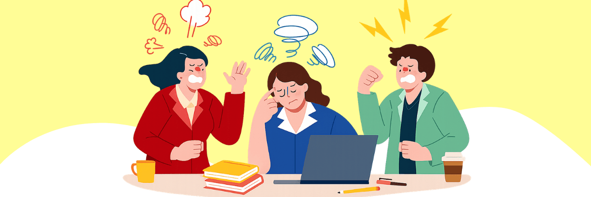 Three coworkers sit around a laptop looking frustrated and overwhelmed, with animated stress symbols above their heads, suggesting tension or burnout at work.
