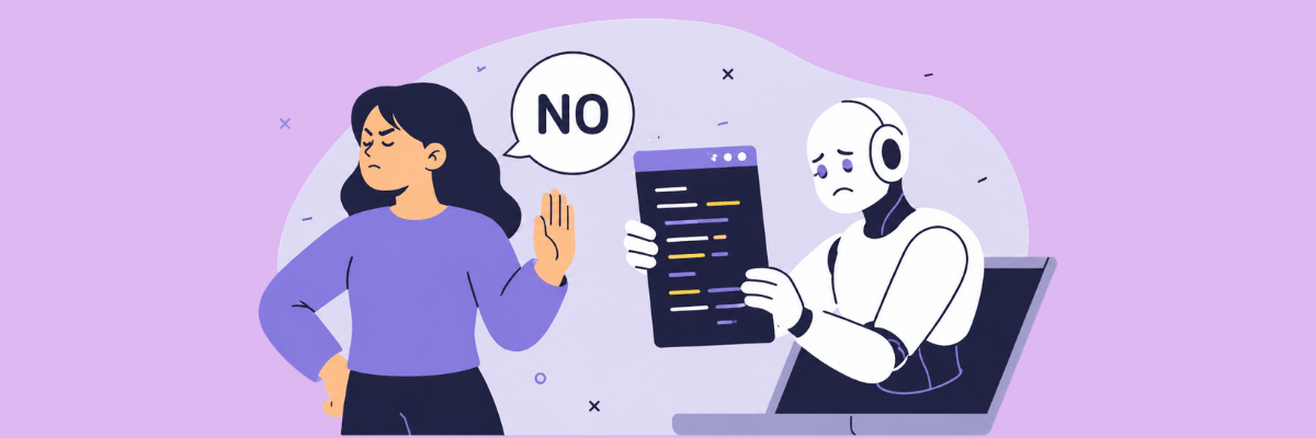 Illustration of a woman saying “No” to a sad robot holding a tablet, symbolizing setting boundaries with AI or rejecting technology assistance.