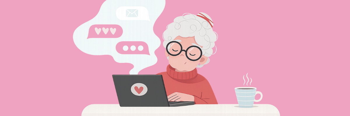 An illustration shows an elderly woman with glasses using a laptop at a table with a steaming cup beside her. Pink speech bubbles with hearts and messages float above her.