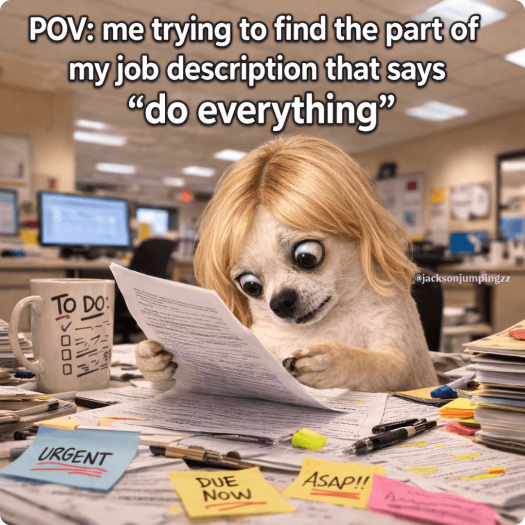 A meme shows a dog with large googly eyes reading paperwork at a cluttered office desk. The text says, “POV: me trying to find the part of my job description that says ‘do everything.’”