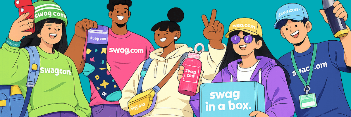 A bright cartoon-style illustration shows a group of smiling people wearing [swag.com](http://swag.com/) clothing and accessories. They pose together holding branded items like socks, bottles, and a “swag in a box” package.