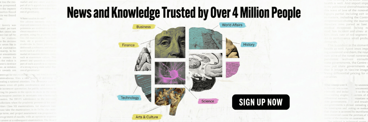 A black-and-white promotional graphic features the headline “News and Knowledge Trusted by Over 4 Million People.” A collage-style brain illustration is labeled with topics including Business, Finance, Technology, Arts & Culture, Science, History, and World Affairs.