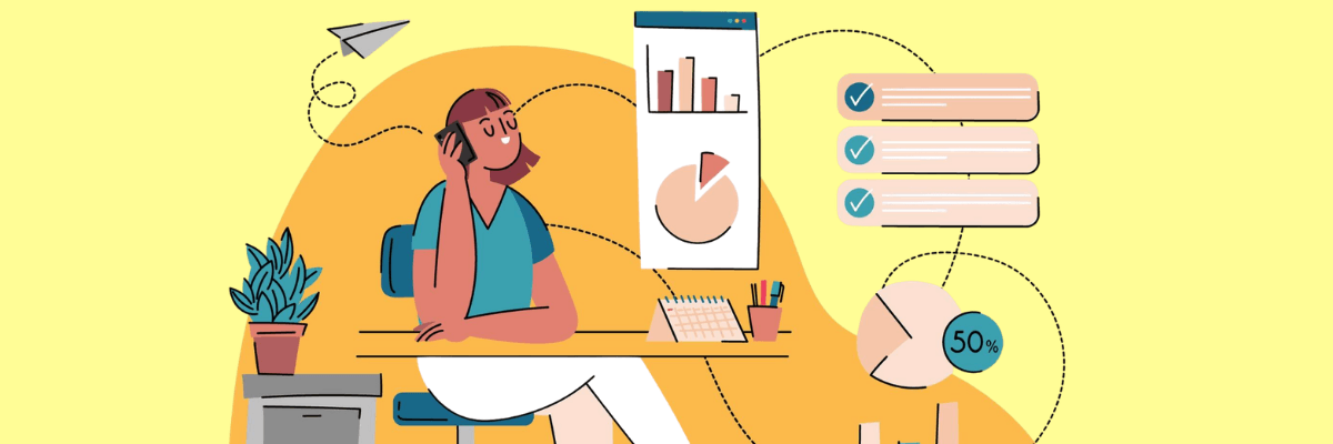 Illustration of a woman working at a desk surrounded by charts, graphs, checklists, and productivity symbols representing organization and workflow management.