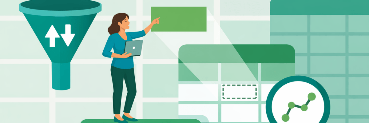 An illustration of a woman holding a laptop while pointing at a digital dashboard, with a funnel icon and analytics graphics representing data tracking and workflow optimization.