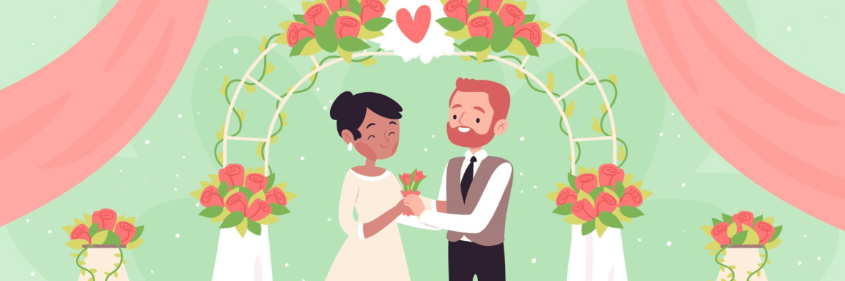 A smiling couple stands under a floral arch decorated with pink roses and greenery, holding hands during a wedding ceremony. Soft pastel curtains frame the scene, adding a romantic, celebratory feel.