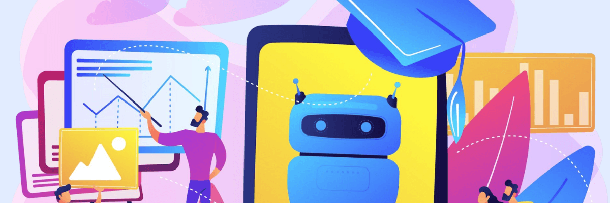 A stylized illustration shows a robot on a screen surrounded by charts, graphs, and people presenting data. A graduation cap above the robot suggests AI and education or learning.