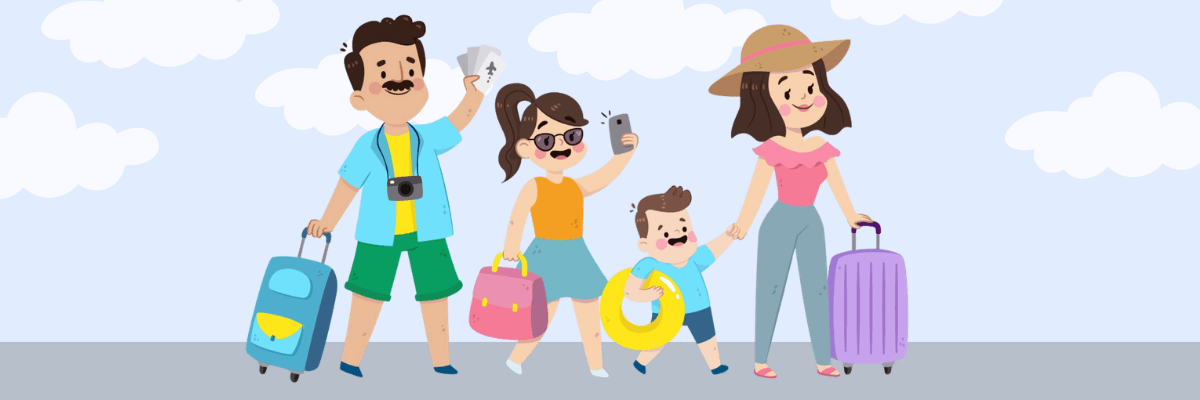 A cartoon family of four walking with luggage, including a man with a camera, a woman in a sunhat, and two kids—one holding a float—suggesting a vacation or trip.