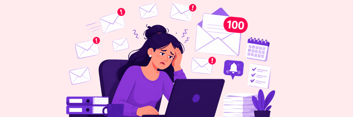 Illustration of a stressed woman sitting at a laptop surrounded by overflowing emails, notifications, paperwork, and reminders.