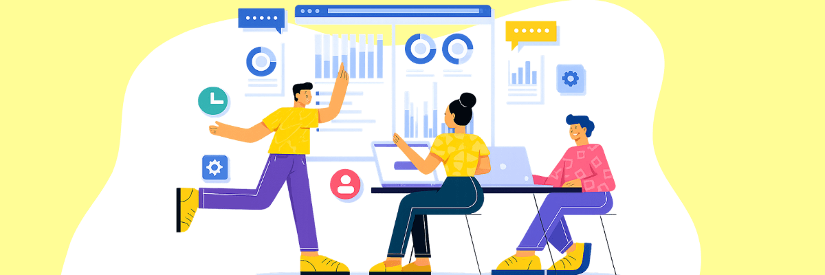 Illustration of coworkers collaborating around laptops and analytics dashboards, symbolizing teamwork, productivity, and project management.