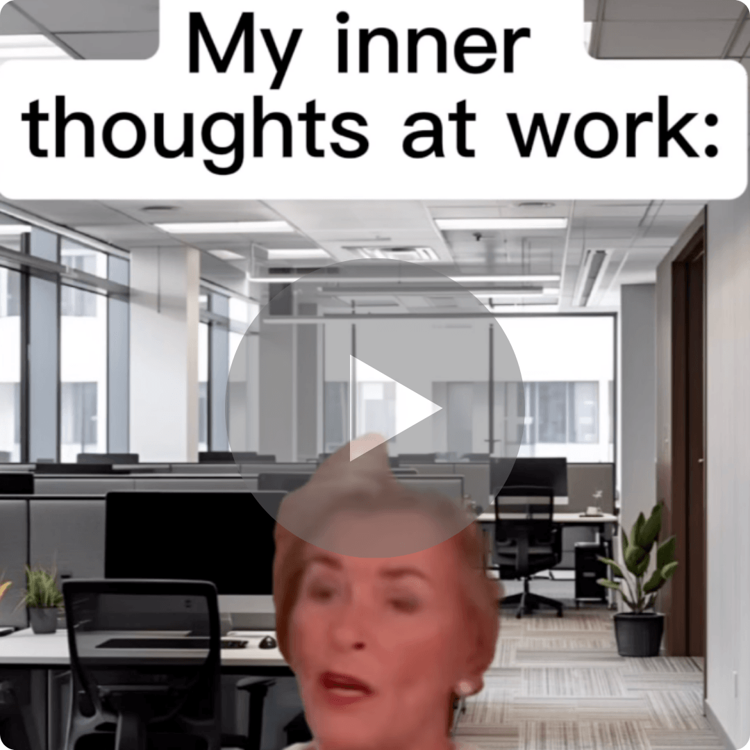 A video still shows an office setting with a woman in the foreground and a play button overlay. Text at the top reads, “My inner thoughts at work:”.
