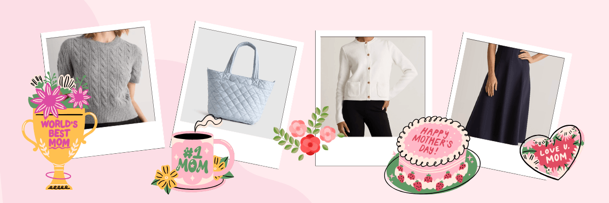 A Mother’s Day-themed collage featuring four polaroid-style images of clothing and accessories—a gray sweater, a quilted tote bag, a white cardigan, and a navy dress—surrounded by playful illustrations like a “World’s Best Mom” trophy, a “#1 Mom” mug, flowers, a cake that says “Happy Mother’s Day,” and a heart reading “Love U Mom.”