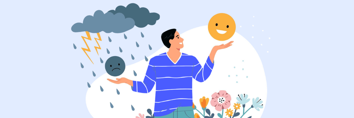 An illustrated person holds a sad storm cloud in one hand and a smiling sun in the other. The scene visually represents balancing negative and positive emotions.