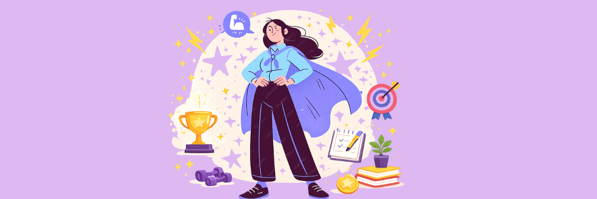 A confident woman stands in a superhero-like pose surrounded by icons like a trophy, checklist, target, and books, representing achievement, growth, and self-improvement.