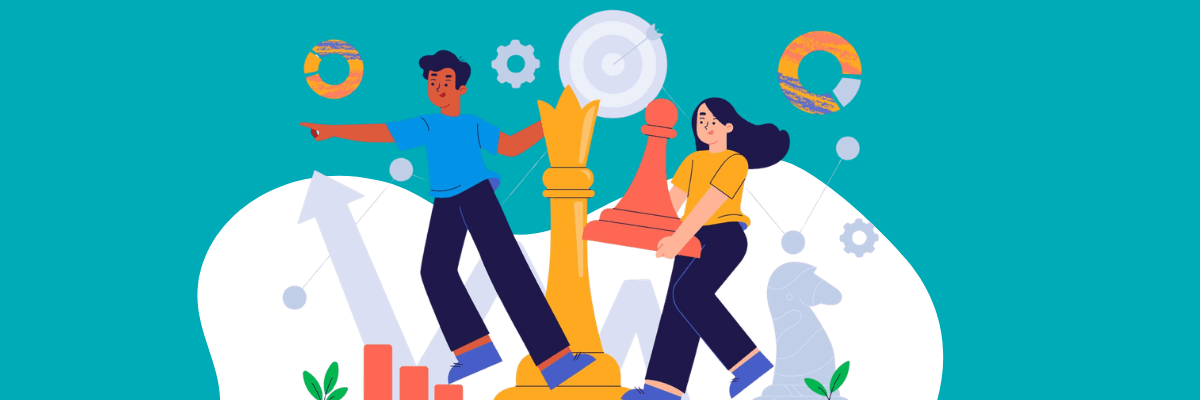 Illustration of two coworkers carrying oversized chess pieces—a king and a rook—while standing in front of charts, arrows, and target icons, symbolizing teamwork, strategy, and goal-setting. 