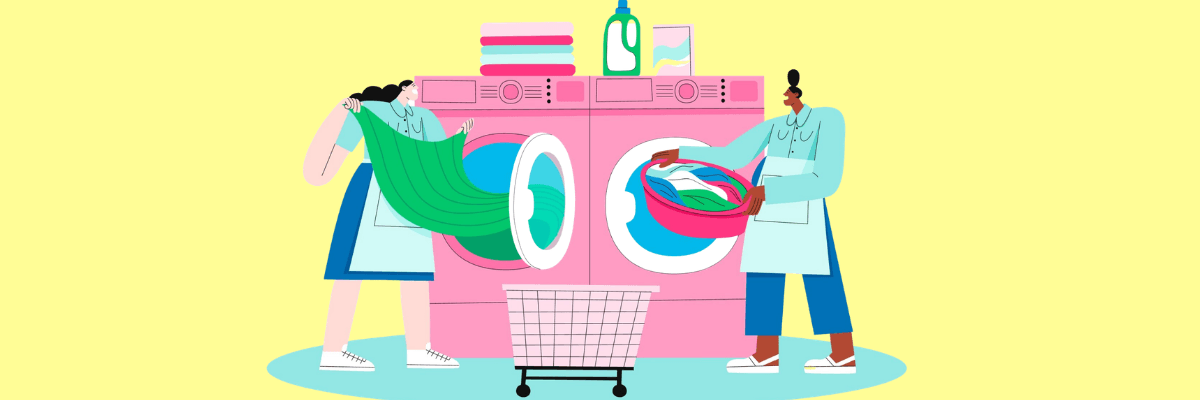 An illustrated scene shows two people doing laundry beside pink washing machines. One person holds up a green garment while the other carries a basket full of clothes.