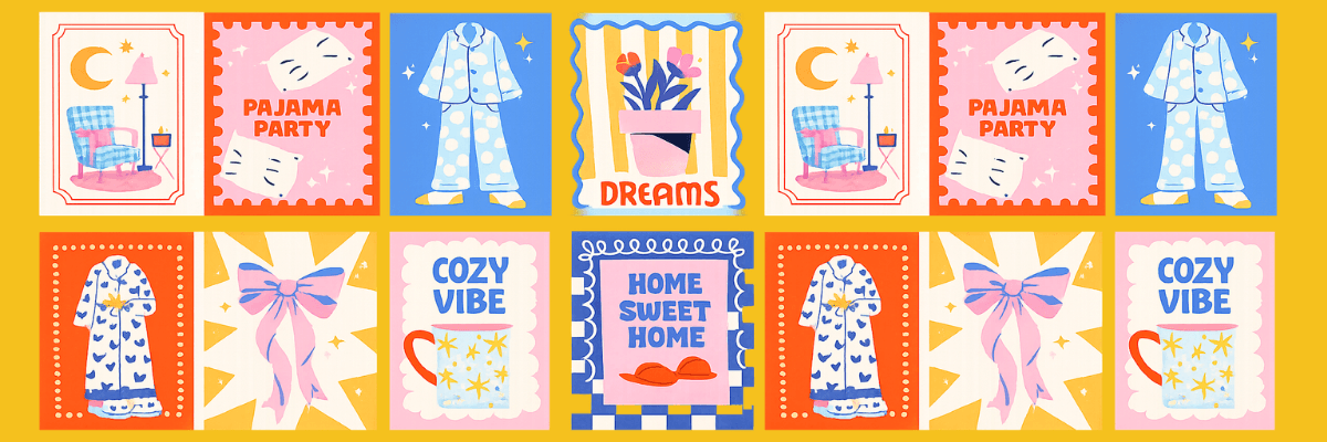 Colorful collage of illustrated pajama party and self-care themed cards featuring pajamas, bows, coffee mugs, flowers, and phrases like “Cozy Vibe” and “Home Sweet Home.”
