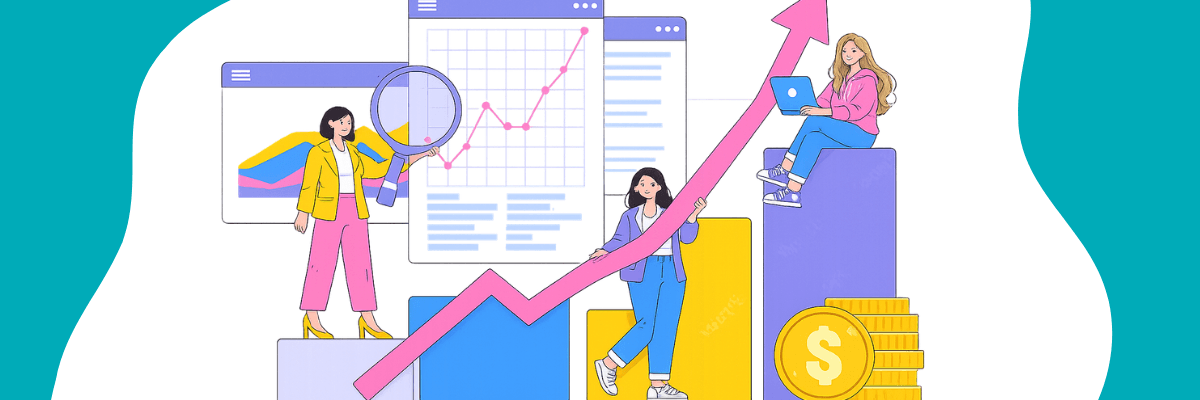 Illustration of a woman in a pink suit sitting confidently at a desk setup with a computer displaying “The Assist,” surrounded by office supplies, plants, and colorful décor.