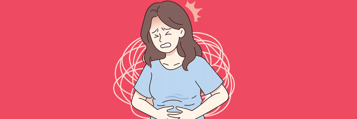 A simple illustration shows a woman holding her stomach in pain against a pink background. Scribble lines behind her emphasize discomfort and stress.
