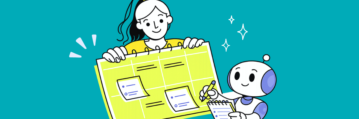 A cartoon-style illustration shows a woman holding a planner board beside a small robot taking notes. Sticky notes and sparkles surround them on a teal background.