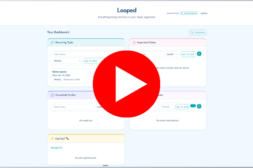 Screenshot of the Looped app dashboard featuring sections for recurring tasks, important dates, household to-dos, bills, and pet care reminders. A large red play button overlays the center of the image, indicating it is a video thumbnail or screen recording preview.