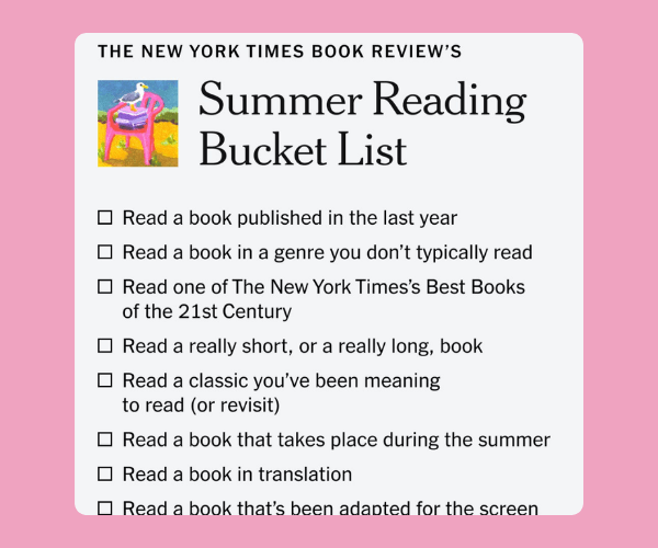 A reading checklist highlights different types of books to explore, from recent releases to classics and translated works. The list encourages readers to broaden their reading habits throughout the summer.