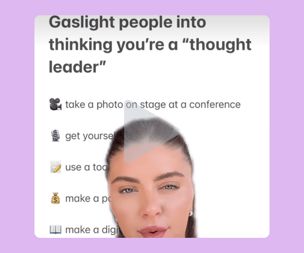 A video screenshot shows a woman speaking in front of a white background with text above her about becoming a “thought leader.” A translucent play button overlays the center of the image.