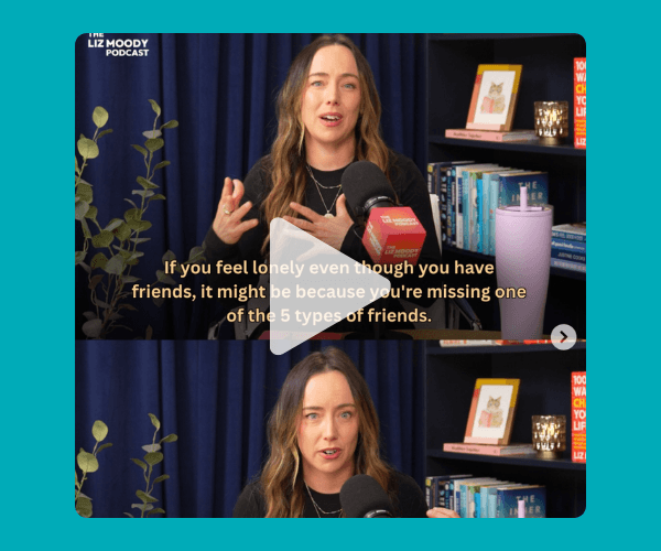 A podcast host sits in a studio speaking into a microphone, with books and decorative items displayed on shelves behind her. Captions appear across the image, and a play button overlays the center of the screenshot.
