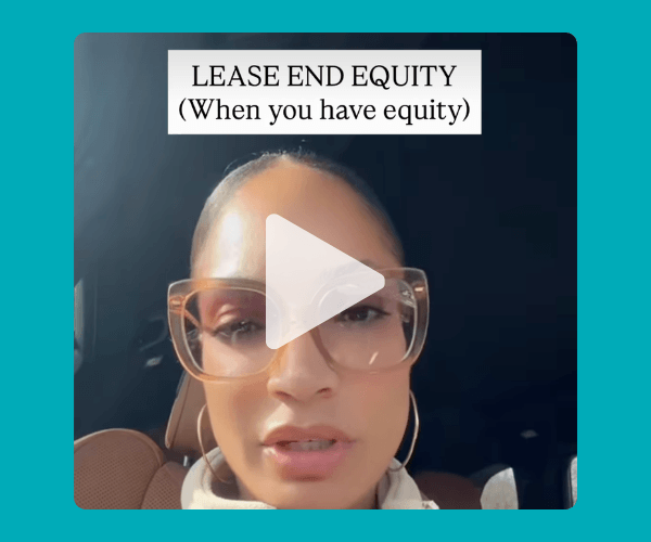 A woman wearing large transparent glasses records a video while seated inside a vehicle. The image includes text at the top about lease-end equity and a play button overlay in the center.