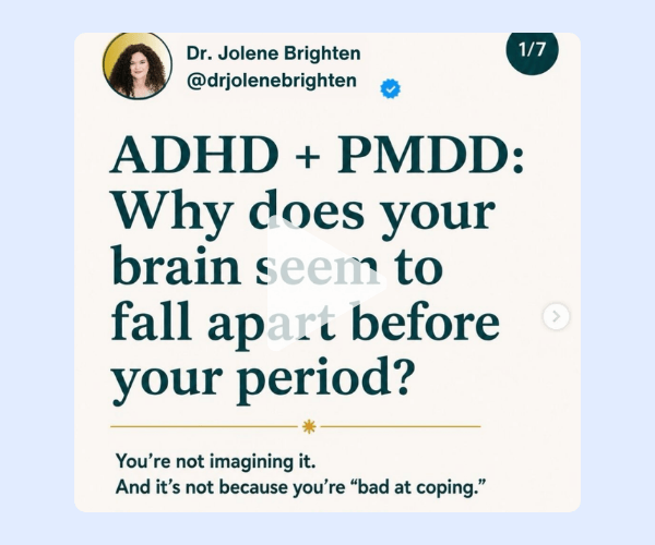 A social media-style graphic features a post about ADHD and PMDD with large headline text on a cream-colored card. A profile photo, username, and slide indicator appear at the top, with smaller explanatory text at the bottom.